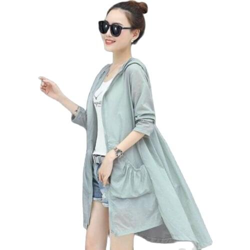 New Big Pocket Womens Sun Protection Clothing Ladies Mid Long Zipper Hooded Motorcycle Suit Sun Protection Thin Female Coat