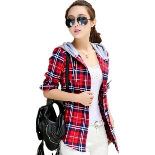 Autumn Plaids shirts for Women Casual Cotton Blusas Feminina female Hooded checked shirts top long sleeve shirt in the cage