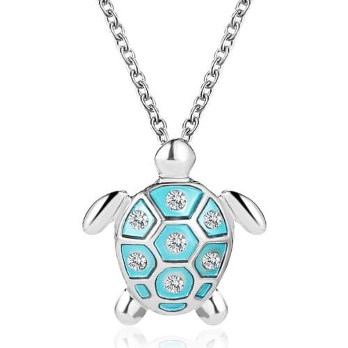 Simple Cute Blue White Turtle CZ Pendant Necklace Charming Womens Long Silver Color Clavicle Chain Fashion Beach Party Jewelry