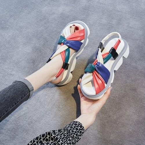 Thick-soled Sandals Womens New Leather Color Casual Beach Shoes All-match Comfortable Elastic Band Womens Soil Sandals