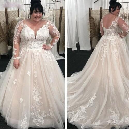 Plus Size V-Neck Wedding Dresses 2020 Full Sleeves Lace Appliques A Line Tulle Long Dress Bridal Gowns Formal robe de mariee