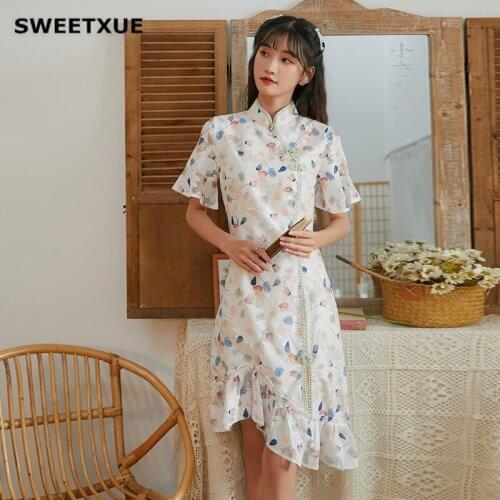 SWEETXUE 2021 Summer Girl French Elegant Lace Modern Cheongsam Daily Chinese Style Lotus Leaf Lovely Dress Women