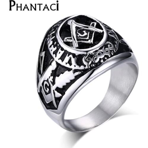 Vintage Men Masonic Rings Quality Stainless Steel Jewelry Wedding Band for Men Retro Silver Color Titanium Punk Rings