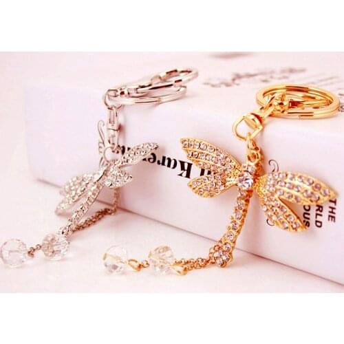 Foreign Trade Hot Creative Crystal Dragonfly Key Chain Insect Animal Metal Pendant Womens Bag Accessories Key Ring