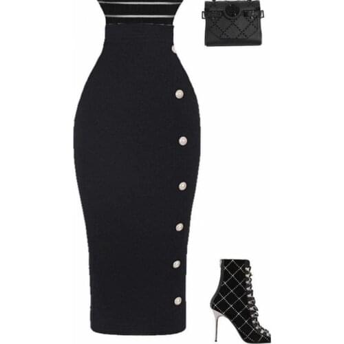 Fashion Women Sexy Black Bandage Button Skirt Elastic Elegant Pencil Package Hip Skirts Hight Waist Formal Skirt