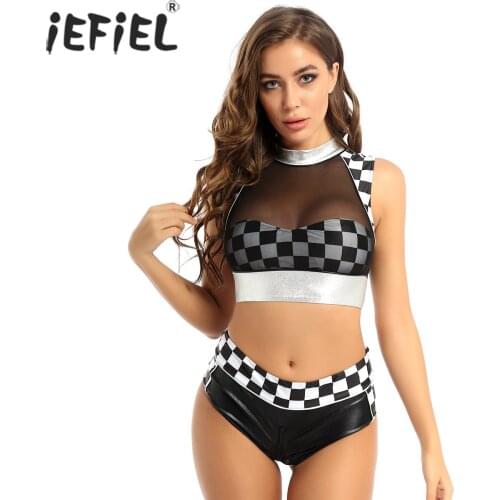 Women Plaid Cheer Leading Costume Back Zipper Sleeveless Mesh Lingerie Tops with Patent Leather High Waist Briefs Exotic Sets