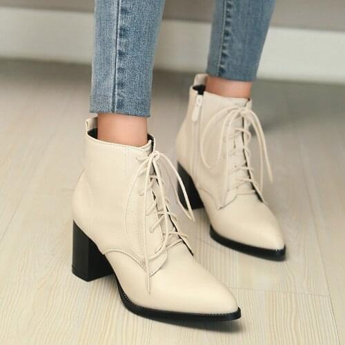 YMECHIC Autumn Winter Botines Lace Up Motorcycle Ankle Boots Women Pointed Toe Black Beige Red Block High Heel Shoes Big Size