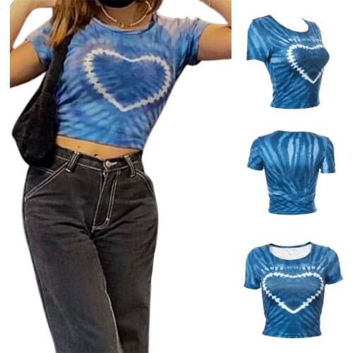 Womens Heart Graphic Crop Tops Short Sleeve Round Neck Tie Dye Print Slim Fit T-Shirts
