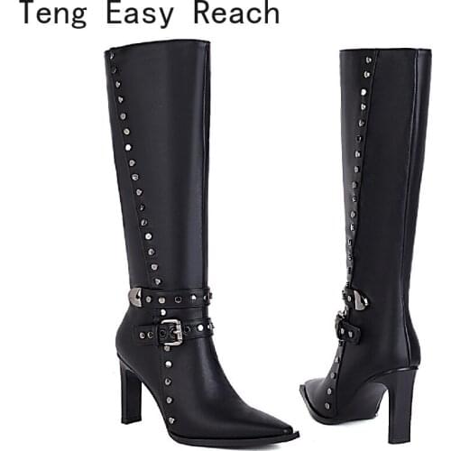 Fashion Knee High Boots Women ShoesAutumn Winter Womens High Boots Black White Metal rivets Long Shoes Ladies Large Size 45