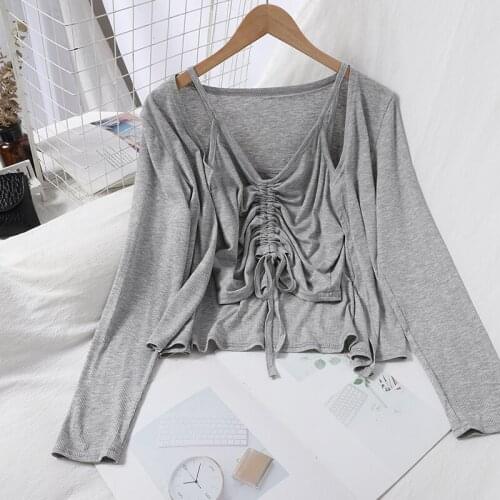 New Korea fashion Bodycon Sling Cardigan Suit Two piece Set Women Body Harajuku Crop top thin cardigan sexy lace Summer shirt 20