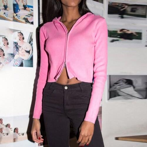 2020 Women Spring Autumn Street Wear Hooded Sweater Ribbed Zipper Up Cardigans Crop Tops Outwear Long Sleeve Pink Black Coat