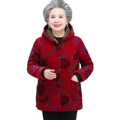 Middle-aged Winter Jacket Women Parker New Print Hooded Outerwear Plus Velvet Warm Cotton Padded Coats Winter Clothes Plus size