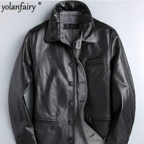 2020 Mens Genuine Leather Jacket Fashion Brown Cow Leather Jacket Spring Autumn Coat Men Casual Solid Cuero Genuino Pph352