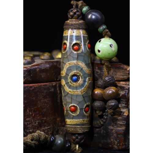 4" Tibet Buddhism Old Natural agate Filigree Gilt mosaic Multi-eyed Dzi Bead Pendant Town House Exorcism Ward off evil spirits