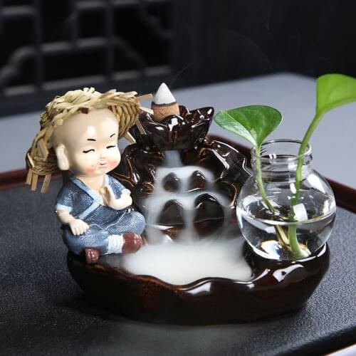 60Pcs Free Incense Cones+Aromatherapy Buddha Censer Flower Vase Home Decor Ceramic Little Monk Backflow Incense Burner