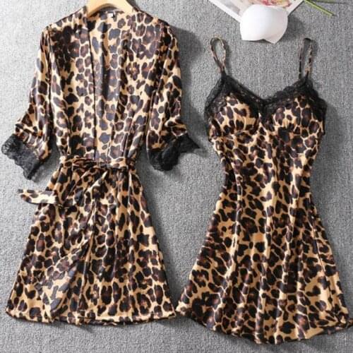Satin 2PCS Nighty&Robe Suit Women Leopard Sleepwear Nightgown Sexy Lace Intimate Lingerie Kimono Bathrobe Gown Home Clothes