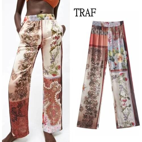 TRAF Za Pants 2021 Summer Vintage Patchwork Print Womens Pants y2k Elasticity High-Waisted Woman Trouser Loose Straight Pants