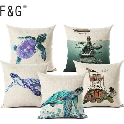 Ocean Style Watercolor Sea turtle Throw Pillow Cushion Cover Home Decor Printed Linen Square Home Decor Pillowcase Housse