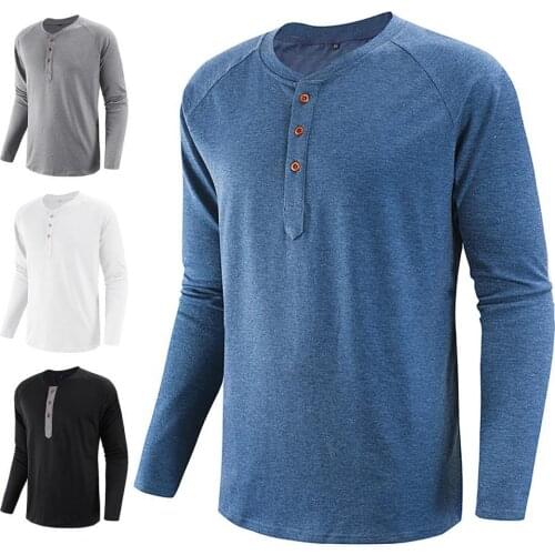 Mens T-shirt Shirt Buttons T Shirt Summer Tops Tees Men T-shirt Blouse Tops Sweat-absorbing Long Sleeve O-neck Tee Streetwear