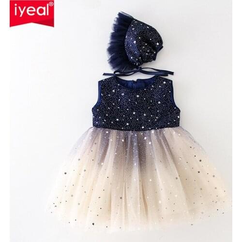 IYEAL IYEAL Sequin Princess Flower Baby Girl Dresses With Hat Pearls Ball Gown Tulle Wedding Party Communion Dress for Newborn