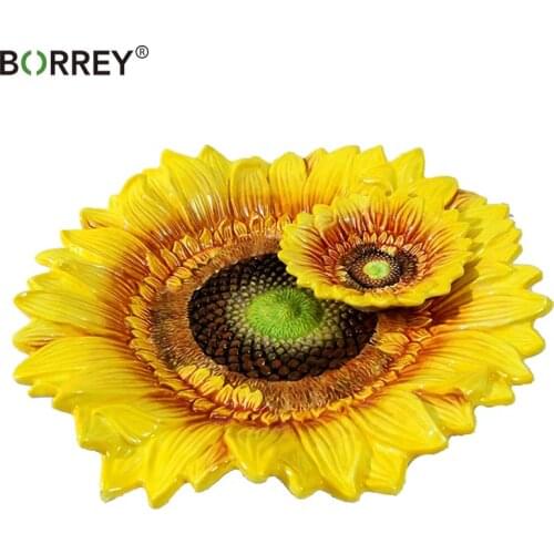 BORREY 3D Ceramic Sunflower Plate Salad Fruit Candy Melon Seed Snack Tray Dipping Sauce Dish Dessert Main Course Dinnerware Set