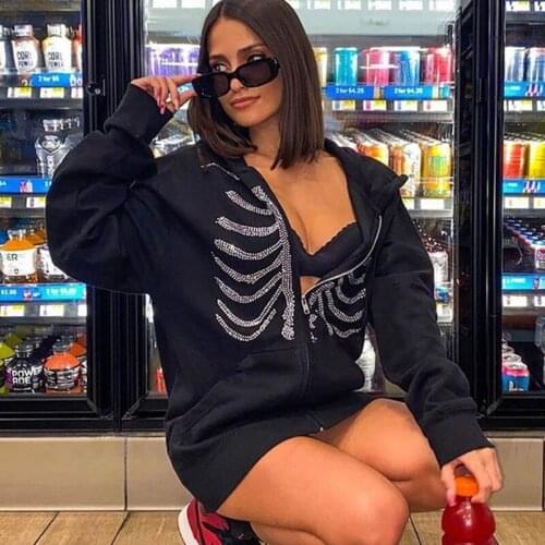 Zip Up Gothic Black Hooded Coats Y2k Womens Rhinestone Skull Casual Oversized Jacket Punk E-girl Harajuku Long Sleeve Hoodie