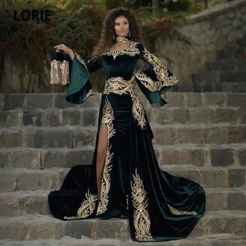 LORIE Arabic Evening Dress with Detachable Skirt Green Appliques Caftan Marocain de soirée Long Sleeves Velvet Prom Party Gowns