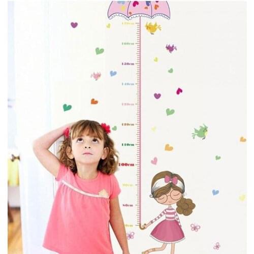 Fashion Kids Height Growth Chart Wall Art Cartoon Girl Bird Flower Sticker Decal Kids Room Wall Decor Wall Sticker Ruler
