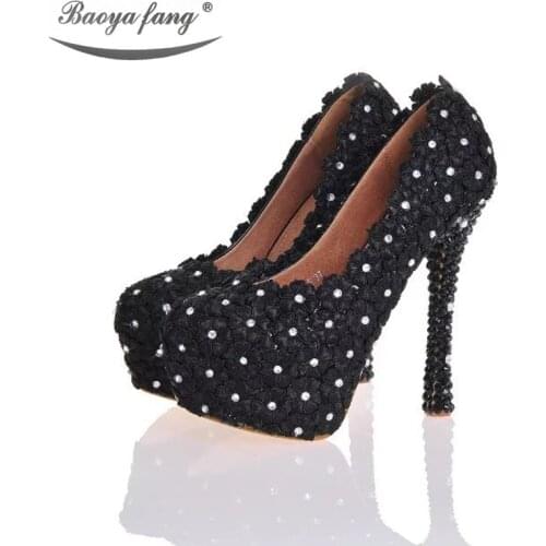 Fashion Black lace White crystal Ladies perfomance shoes New Bride wedding shoes bridal pumps HIgh heels platform shoes