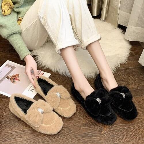 NEW Peas shoes female Cute bow version plus velvet 2019 autumn and winter womens shoes comfortable flat shoes U16-08