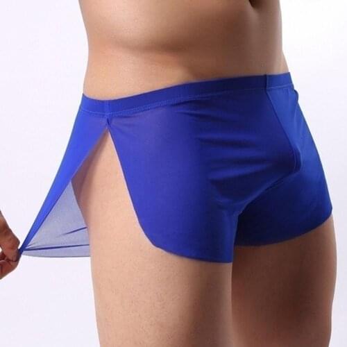 Solid Color Men Ultra-thin Translucent Low Waist Split Boxers Shorts Underwear