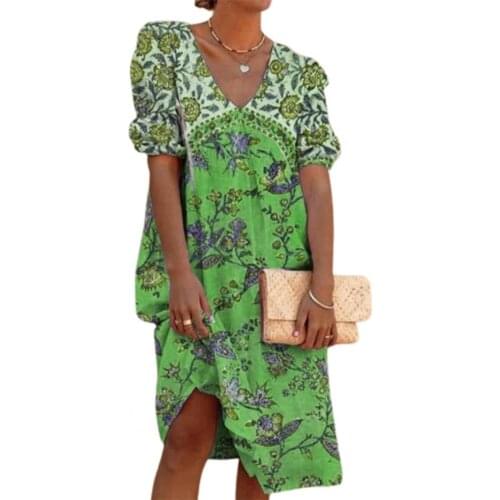 Summer Dress 2021 Women V Neck Puff Sleeve Female Ladies Short Sleeve Loose Dress for Daily Life Blue xxxl Womens Clothing