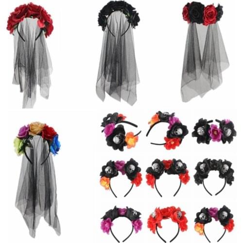 Sugarbay Day of Dead Headband Bride Veil Fancy Dress Costume Halloween Headwear Party Accessories Black Rose Flower Hairband