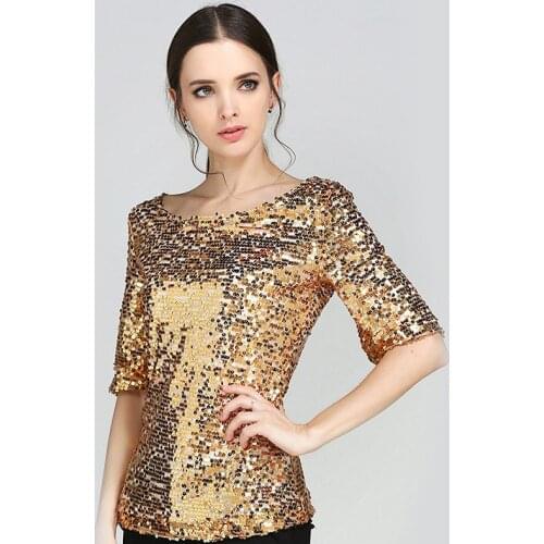 Plus Size Sequins T-Shirts Basic Beading Tees Loose Half-sleeve T-Shirts Stage Show Dance Performance Tops