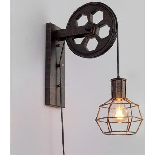 Retro Wrought Iron Pulley Wall Lamps for Home Bedroom Light Living Room Decoration Lighting Fixture Bedroom Wall Sconce Lamp E27