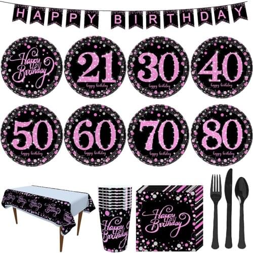 Pink Gold 21 30 40 50 60 70 80 Birthday Party Decorations Tableware Paper Cups Plates Napkins Tablecloth Woman Birthday Supplies
