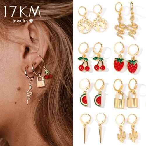 9Pairs/Set Cute Cherry Earrings Set For Women Gold Map Snake Animals Dangle Earrings Lock Butterfly Earrings 2021 Jewelry