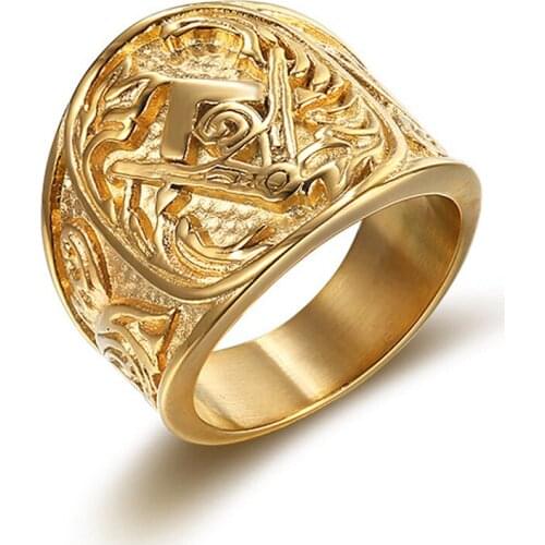 Hip Hop Bling Ice Out Masonic Freemasonry Sign Ring Gold Color Thick Heavy Stainless Steel Rings for Men Jewelry Plus Size 8-15