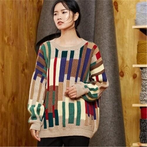 High end hand made pure merino wool knit women irregular colorful vertical striped pullover sweater Oneck one size