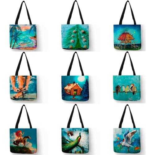 Y0081 Peronazlied Oil Painting Art Print Women Handbags Sea Birds Pattern Lady Tote Bag Shoulder Bags for School Travel Shopping