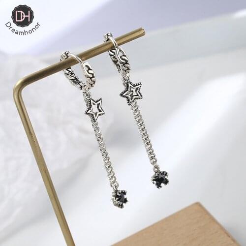 Dreamhonor Female Korean Temperament Personality Retro Vintage 925 Sterling Silver Long Chain Star Clip Earrings Jewelry