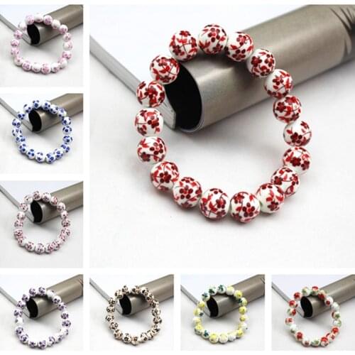 Handmade Womens 10mm Hand Painted Flower Ceramic Beaded Round Beads Stretch Bracelet Femme Bangle Bracelets Girl Wrap Jewelry