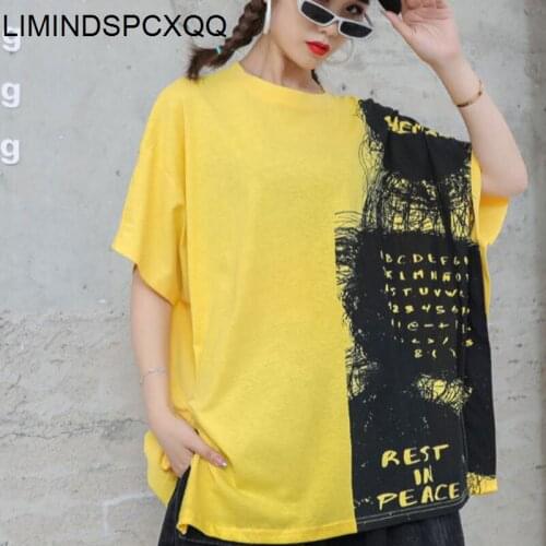 LIMINDSPCXQQ Korean Fashion 2021 Tops Ladies O-Neck Yellow T-shirt Women Printed Casual Female Oversized Short Sleeve Clothes