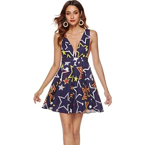 2021 Summer Low Cut Sexy Dress Women High Waist Backless Sleeveless Boho A-line Dress Ruffles V-neck Print Mini Dresses Vestidos