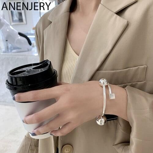 ANENJERY 925 Sterling Silver Ball Square Bracelet for Women Geometric Glossy Simplicity Open Cuff Bangle Gifts S-B500