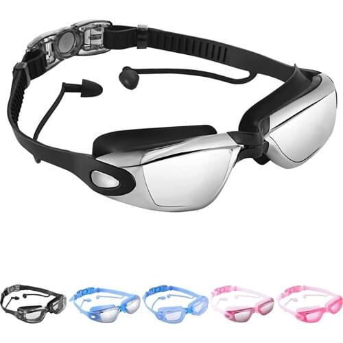 Adults Antifog Professional Swimming Goggles Black Swimming Glasses with Earplugs Nose Clip Electroplate Silicone Swim Glasses