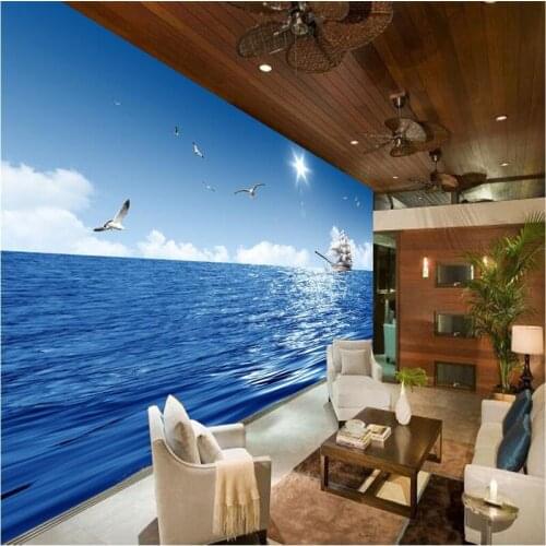 Beibehang wall paper 3d mural decor photo backdrop photography Sailboat blue sea gulls Modern Art Hotel wall painting murals