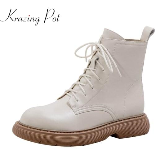 Krazing pot cow leather round toe lace up modern Chelsea boots princess style med heel high fashion casual brand ankle boots l81