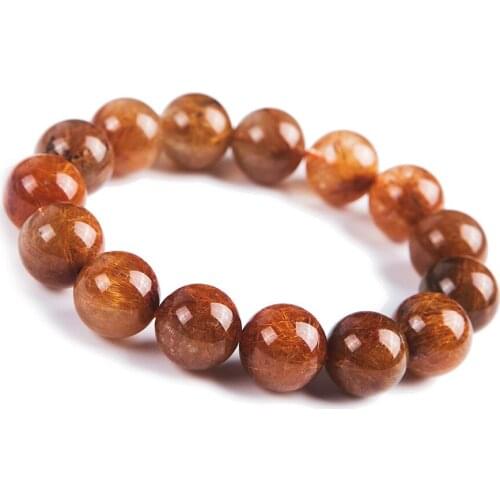 Natural Genuine Copper Needle Rutilated Quartz Crystal Round Beads Men Powerful Bracelet 15MM