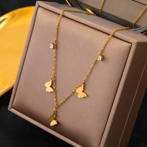 316L Stainless Steel New Fashion Upscale Jewelry 2 Layer Matte Butterfly Zircon Charms Chain Choker Necklaces Pendants For Women
